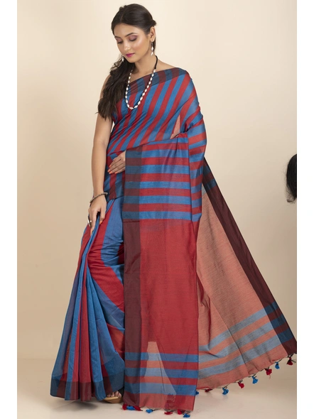 Blue and Red Geetika Handloom Cotton Silk Saree with Blouse Piece-Blue &amp; Red-Cotton Silk-One Size-Handloom Saree-Female-Adult-2