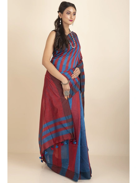 Blue and Red Geetika Handloom Cotton Silk Saree with Blouse Piece-Blue &amp; Red-Cotton Silk-One Size-Handloom Saree-Female-Adult-3