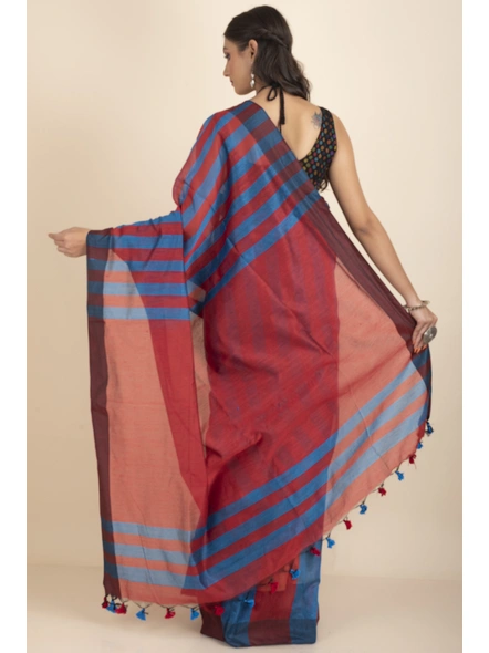Blue and Red Geetika Handloom Cotton Silk Saree with Blouse Piece-Blue &amp; Red-Cotton Silk-One Size-Handloom Saree-Female-Adult-4