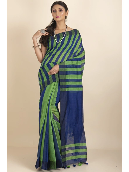 Blue and Green Geetika Handloom Cotton Silk Saree with Blouse Piece-stripe_5