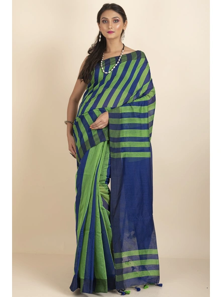 Blue and Green Geetika Handloom Cotton Silk Saree with Blouse Piece-Blue &amp; Green -Cotton Silk-One Size-Handloom Saree-Female-Adult-1