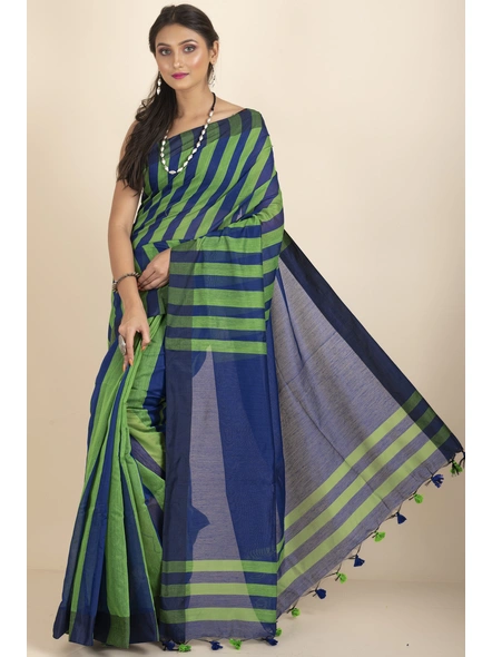 Blue and Green Geetika Handloom Cotton Silk Saree with Blouse Piece-Blue &amp; Green-Cotton Silk-One Size-Handloom Saree-Female-Adult-2