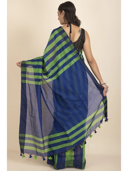 Blue and Green Geetika Handloom Cotton Silk Saree with Blouse Piece-Blue &amp; Green -Cotton Silk-One Size-Handloom Saree-Female-Adult-4