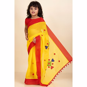 Yellow Handloom Kids Cotton Saree with Stitched Blouse and Peticoat