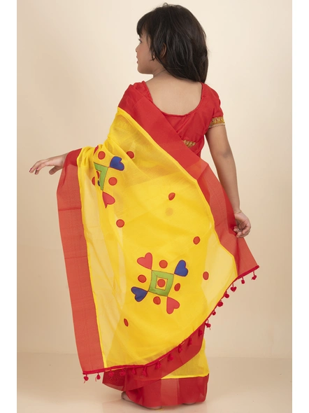 Yellow Handloom Kids Cotton Saree with Stitched Blouse and Peticoat-Kids-Female-Cotton-5-6 Years-Yellow-2