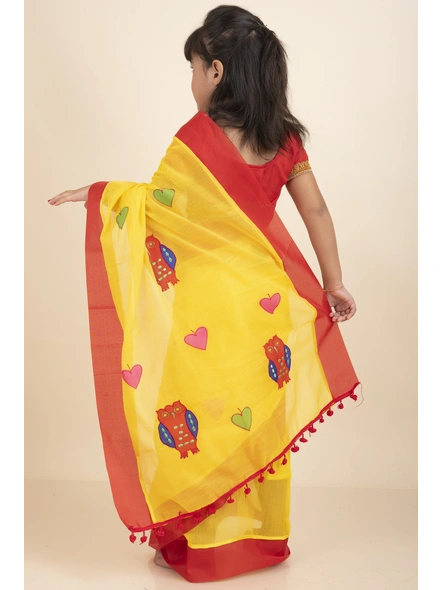 Yellow Handloom Kids Cotton Saree with Stitched Blouse and Peticoat-Kids-Female-Cotton-3-4 Years-Yellow-2