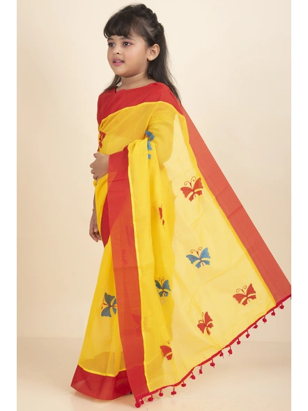 Yellow Handloom Kids Cotton Saree with Stitched Blouse and Peticoat-Kids-Female-Cotton-3-4 Years-Yellow-1