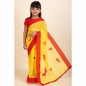 Yellow Handloom Kids Cotton Saree with Stitched Blouse and Peticoat