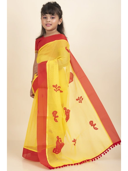 Yellow Handloom Kids Cotton Saree with Stitched Blouse and Peticoat-Yellow-Kids-Female-Cotton-4-5 Years-1