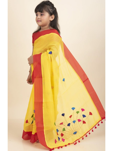 Yellow Handloom Kids Cotton Saree with Stitched Blouse and Peticoat-Yellow-Kids-Female-Cotton-4-5 Years-2