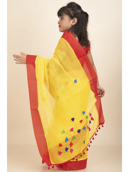 Yellow Handloom Kids Cotton Saree with Stitched Blouse and Peticoat-Yellow-Kids-Female-Cotton-4-5 Years-4