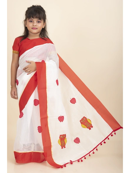 White Handloom Kids Cotton Saree with Stitched Blouse and Peticoat-Kids-Female-Cotton-3-4 Years-White-1