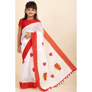 White Handloom Kids Cotton Saree with Stitched Blouse and Peticoat