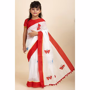 White Handloom Kids Cotton Saree with Stitched Blouse and Peticoat