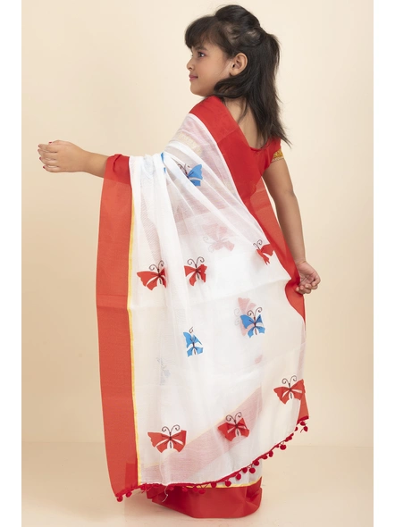 White Handloom Kids Cotton Saree with Stitched Blouse and Peticoat-Kids-Female-Cotton-3-4 Years-White-2