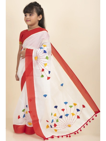 White Handloom Kids Cotton Saree with Stitched Blouse and Peticoat-Kids-Female-Cotton-3-4 Years-White-1