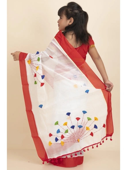 White Handloom Kids Cotton Saree with Stitched Blouse and Peticoat-Kids-Female-Cotton-3-4 Years-White-2