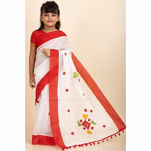 White Handloom Kids Cotton Saree with Stitched Blouse and Peticoat