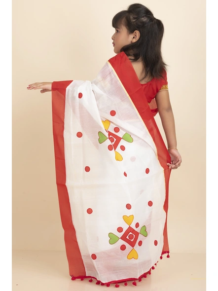 White Handloom Kids Cotton Saree with Stitched Blouse and Peticoat-Kids-Female-Cotton-3-4 Years-White-3