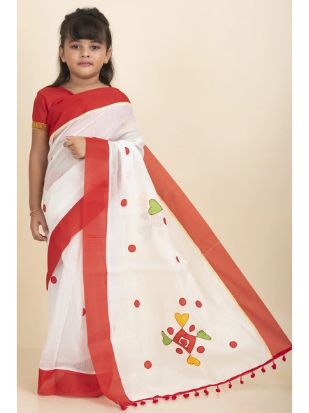 White Handloom Kids Cotton Saree with Stitched Blouse and Peticoat-Kids-Female-Cotton-5-6 Years-White-1