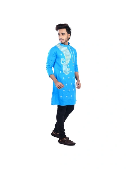 Sky Blue Ritesh Chest Embroidery Designed Cotton Men's Kurta-Blue-Adult-Male-Cotton-38-2