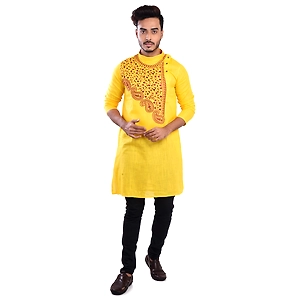 Yellow Ritesh Chest Embroidery Designed Cotton Men's Kurta