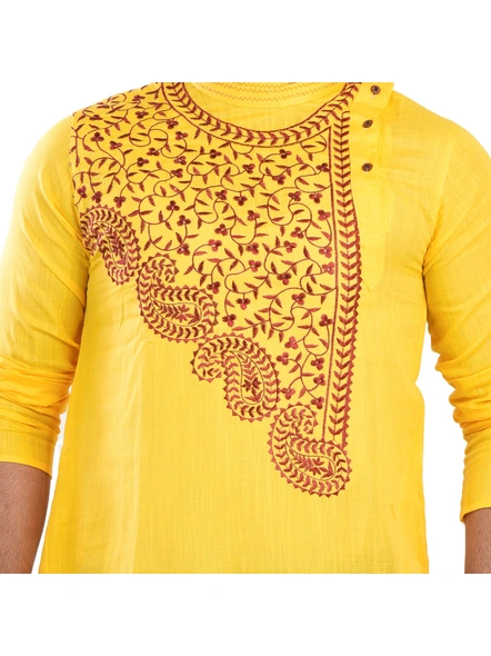 Yellow Ritesh Chest Embroidery Designed Cotton Men's Kurta-38-Cotton-Male-Adult-Yellow-4