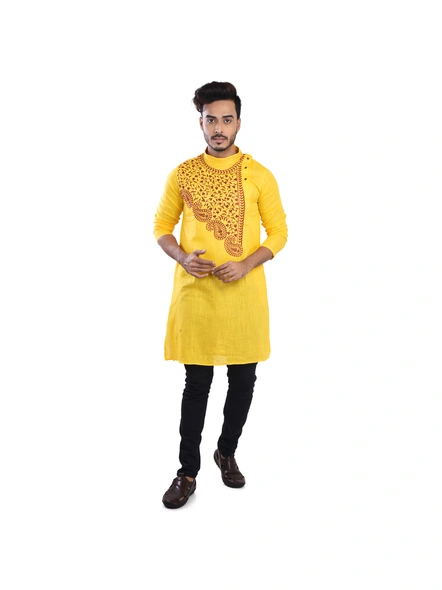 Yellow Ritesh Chest Embroidery Designed Cotton Men's Kurta-YELLOW_40