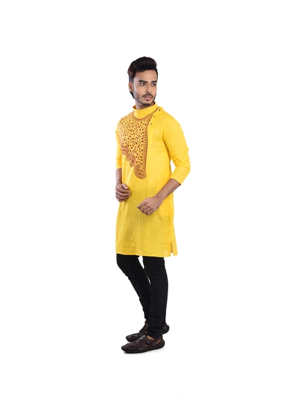 Yellow Ritesh Chest Embroidery Designed Cotton Men's Kurta-Yellow-40-Cotton-Male-Adult-1