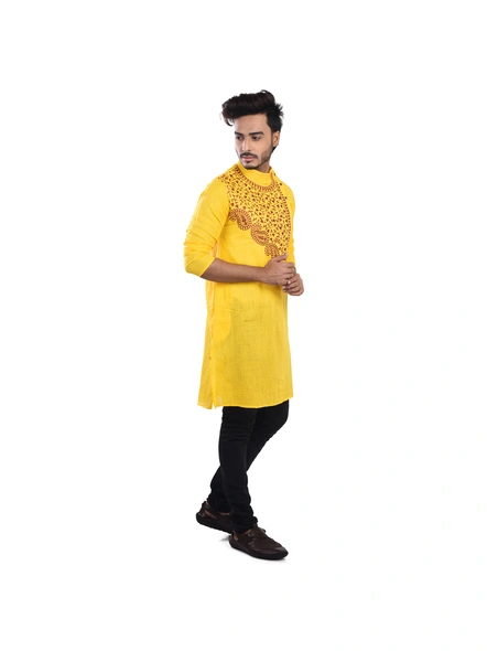 Yellow Ritesh Chest Embroidery Designed Cotton Men's Kurta-Yellow-42-Cotton-Male-Adult-2