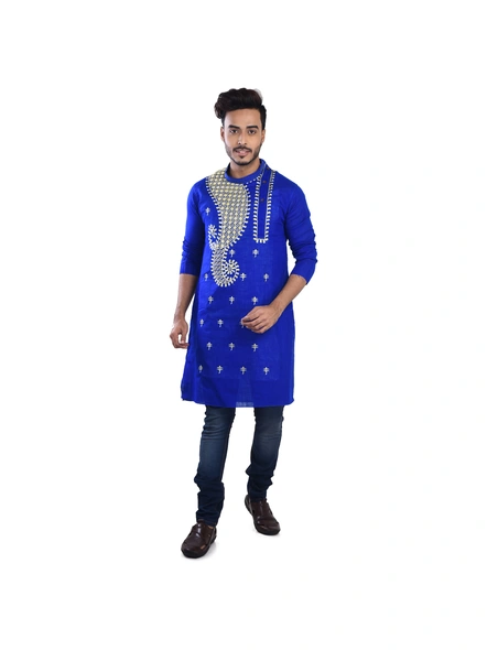 Yellow Ritesh Chest Embroidery Designed Cotton Men's Kurta-NAVY_BLUE_40