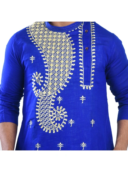 Yellow Ritesh Chest Embroidery Designed Cotton Men's Kurta-Blue-40-Cotton-Male-Adult-4