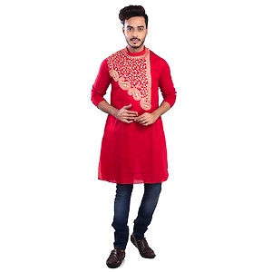 Red Ritesh Chest Embroidery Designed Cotton Men's Kurta