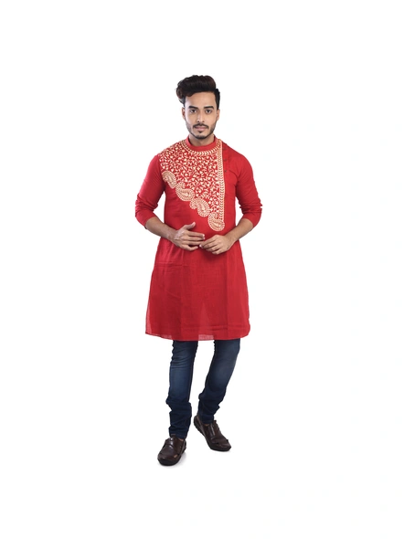 Red Ritesh Chest Embroidery Designed Cotton Men's Kurta-RED_38