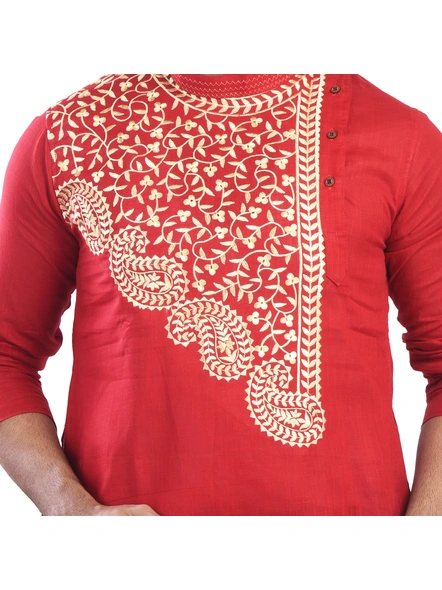 Red Ritesh Chest Embroidery Designed Cotton Men's Kurta-Red-Adult-Male-Cotton-38-4