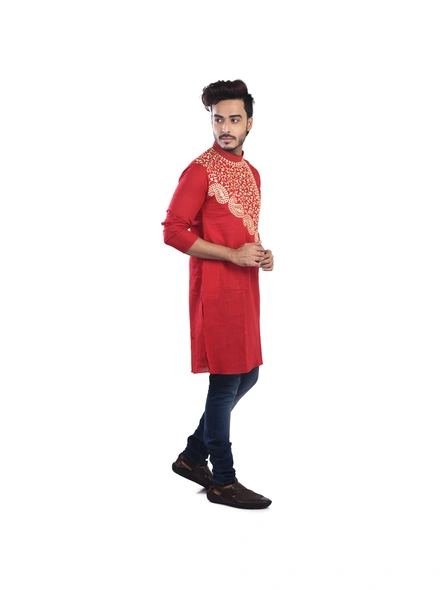 Red Ritesh Chest Embroidery Designed Cotton Men's Kurta-Adult-Male-Cotton-40-Red-1