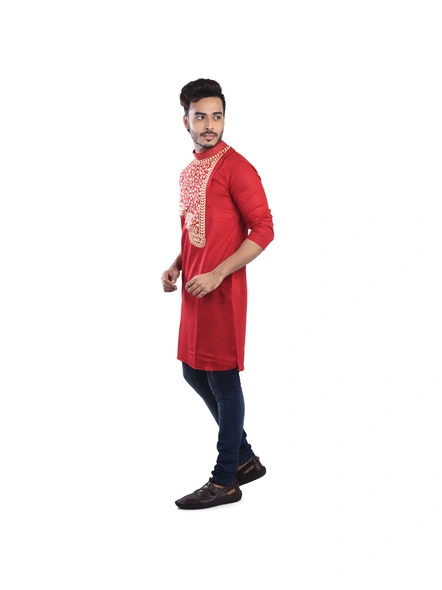 Red Ritesh Chest Embroidery Designed Cotton Men's Kurta-Red-Adult-Male-Cotton-42-2