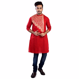 Red Ritesh Chest Embroidery Designed Cotton Men's Kurta