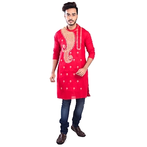 Ruby Red Ritesh Chest Embroidery Designed Cotton Men's Kurta