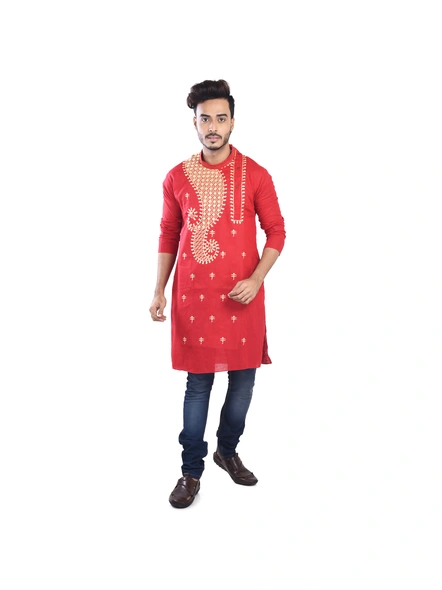 Ruby Red Ritesh Chest Embroidery Designed Cotton Men's Kurta-RED_R_38