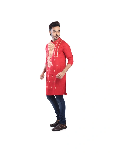 Ruby Red Ritesh Chest Embroidery Designed Cotton Men's Kurta-Red-Adult-Male-Cotton-38-2