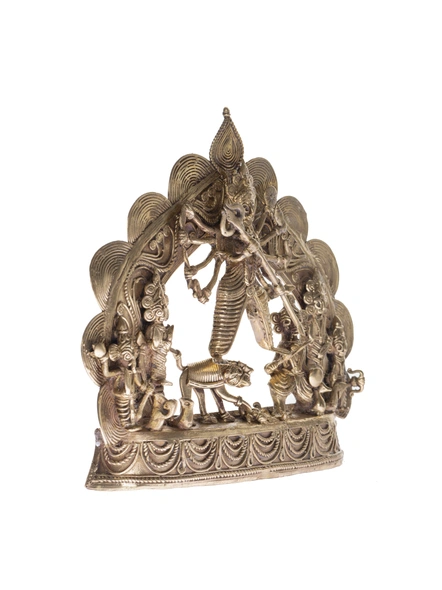 Handcrafted Decorative Dokra Durga Family 7 inch x 7 inch-Brass-Figurine-God-Durga-Table top-1
