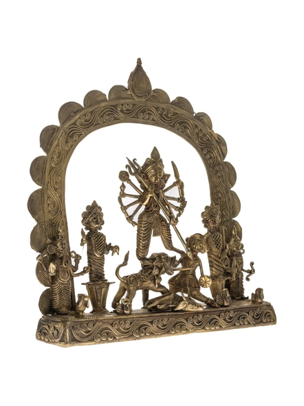 Handcrafted Decorative Dokra Durga Family 9inch x 9inch-Brass-Figurine-God-Durga-Table top-2