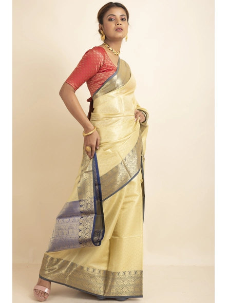 Beige Navy Blue Tissue Silk Golden Zari Tanchoi Banarasi Saree with Blouse Piece-Beige-Sari-One Size-Tissue Silk-Adult-Female-1