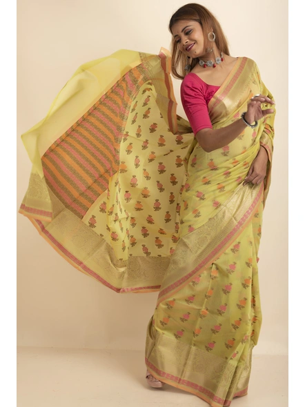 Green Cotton Silk Multi Butti Banarasi Saree with Blouse Piece-SAC-221002-2