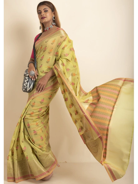 Green Cotton Silk Multi Butti Banarasi Saree with Blouse Piece-Green-Sari-One Size-Silk Cotton-Adult-Female-2