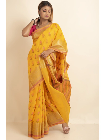 Golden Cotton Silk Multi Butti Banarasi Saree with Blouse Piece-Gold-Sari-One Size-Silk Cotton-Adult-Female-1
