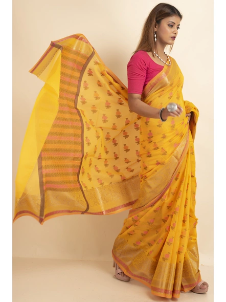 Golden Cotton Silk Multi Butti Banarasi Saree with Blouse Piece-Gold-Sari-One Size-Silk Cotton-Adult-Female-2