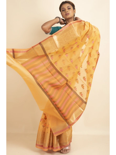 Yellow Cotton Silk Multi Butti Banarasi Saree with Blouse Piece-SAC-221002-4