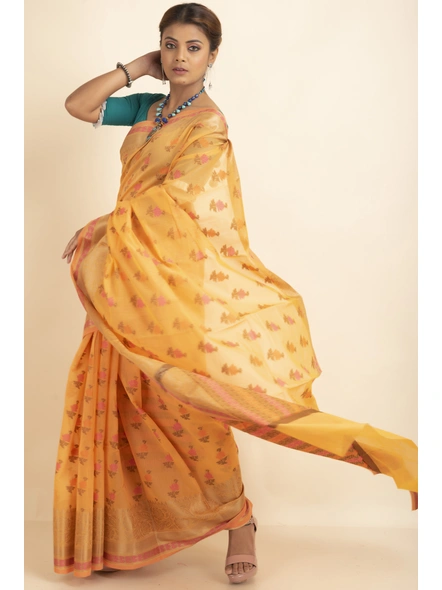 Yellow Cotton Silk Multi Butti Banarasi Saree with Blouse Piece-Yellow-Sari-One Size-Silk Cotton-Adult-Female-1